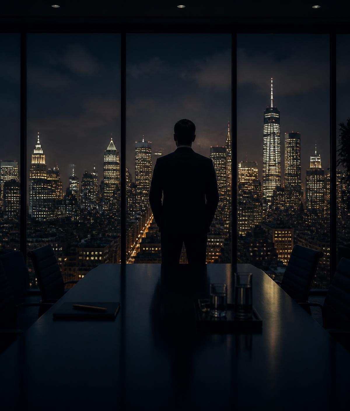 Executive looking out over a city skyline from a boardroom at night