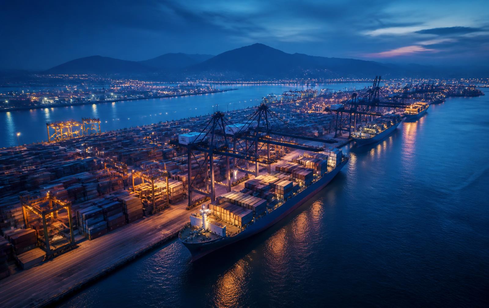 International port and container terminal at night